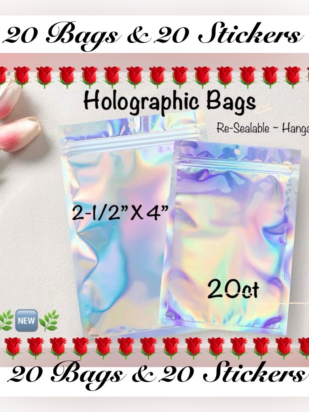 Holographic Re-Sealable Bags 2-1/2x4” 20ct~NEW~W/20ct Free Thank you stickers